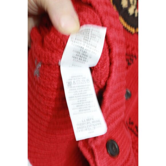 LL Bean Signature Cotton Fisherman Sweater Short Cardigan Fair Isle Red Size M - Picture 9 of 10